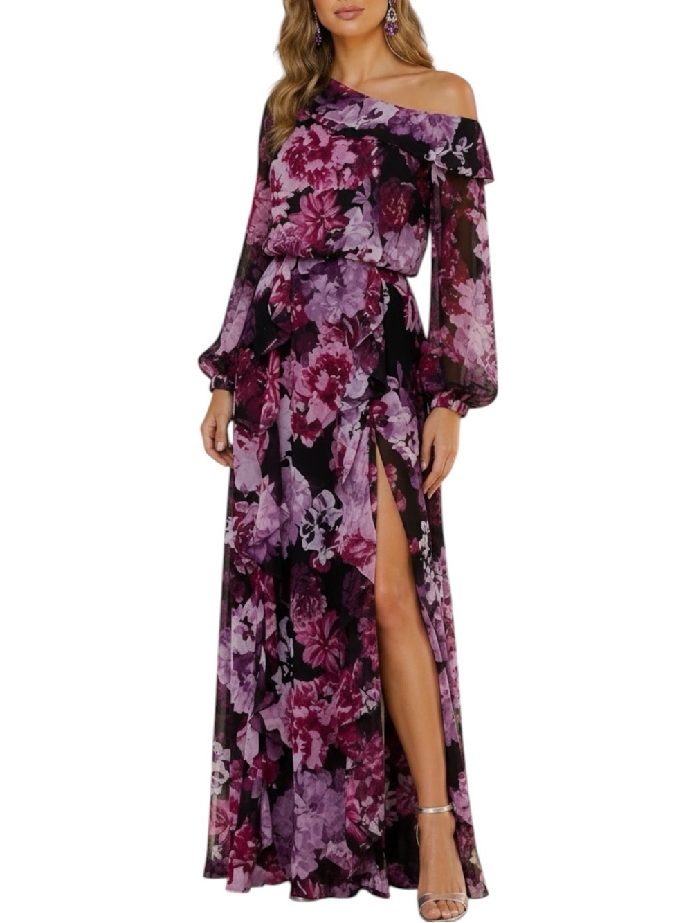 NWT XSCAPE Black Floral Sheer Long Sleeve Ruffle Detail Slit Dress Gown Size 8